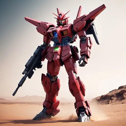 Prompt: Red Gundam in desert carrying futuristic rifle, dusty atmosphere, high quality, sci-fi, red tones, futuristic, detailed mecha design, intense lighting, rugged terrain, desert landscape, futuristic weapon, powerful stance