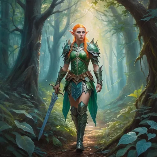 Prompt: Transgender warrior elf walking through mystical forest, oil painting, vibrant foliage, detailed armor and weapon, ethereal atmosphere, high quality, fantasy, cool tones, mystical, vibrant foliage, detailed armor, mystical atmosphere, warrior elf, transgender representation, magical lighting