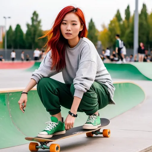 Prompt: Beautiful young Chinese woman with red hair and wearing baggy clothing and green sneakers riding skateboard on skatepark ledge 