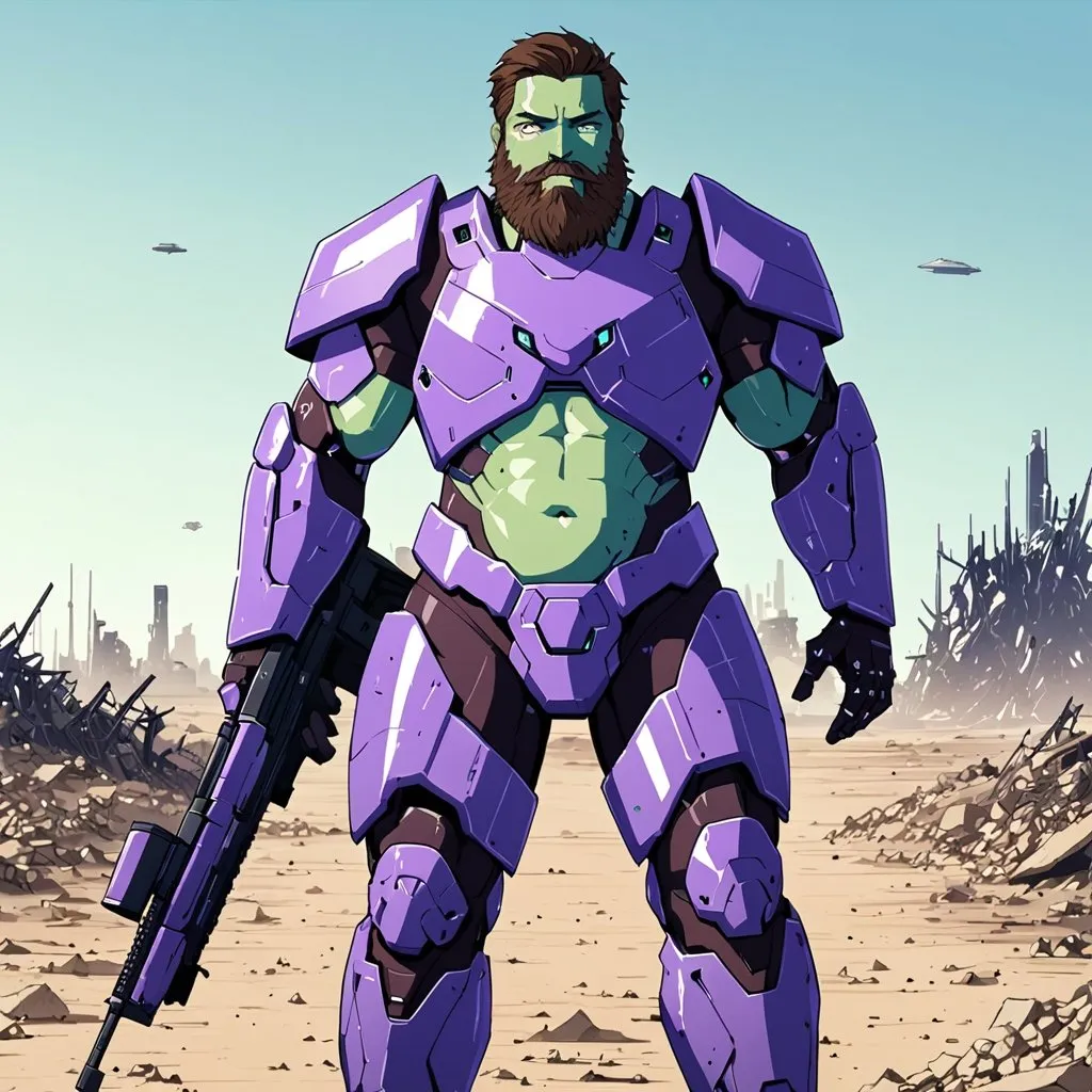 Prompt: Giant man with brown hair and beard green skin light blue eyes wearing purple body armour carrying futuristic rifle in wasteland 