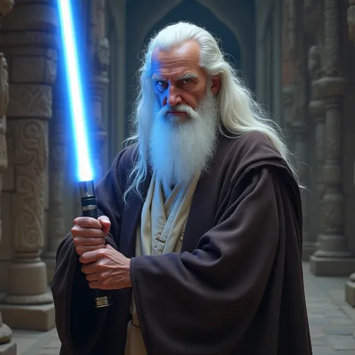 Prompt: Old wise Jedi with long white hair and beard dual wielding 2 blue light sabres inside Sith temple 