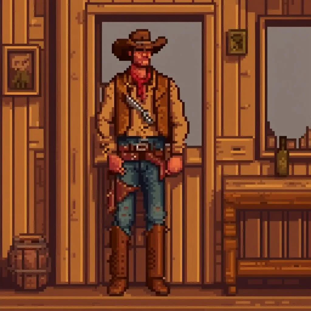 Prompt: Western cowboy bounty hunter in saloon, holding Winchester rifle, vintage oil painting, dusty and dimly lit, rugged and weathered cowboy, detailed facial features, worn leather chaps and boots, aged wooden furniture, antique revolver on the hip, intense and focused gaze, high-quality, oil painting, vintage, dusty lighting, detailed facial features, rugged attire, intense gaze