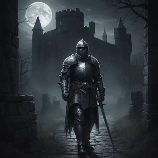 Prompt: Game-RPG style illustration of a black knight, eerie haunted castle, ominous pathway, medieval fantasy setting, dark and imposing armor, detailed etchings on the armor, eerie and mysterious atmosphere, moonlit night, high quality, RPG-style, haunting, medieval fantasy, detailed armor, atmospheric lighting