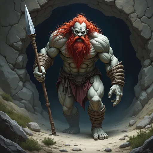 Prompt: Angry grey skinned giant with long red hair and beard holding spear coming out from cave