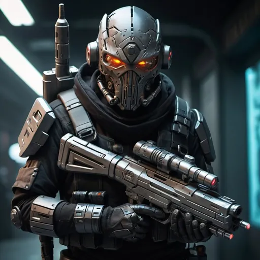 Prompt: Sci-fi bounty hunter with grotesque face, carrying laser rifle, wearing ammunition, futuristic sci-fi setting, detailed facial deformities, high-tech weapon, professional attire, intense and focused gaze, high-tech accessories, urban cyberpunk environment, best quality, detailed, futuristic, sci-fi, grotesque face, laser rifle, professional, cyberpunk, intense gaze, high-tech accessories, atmospheric lighting