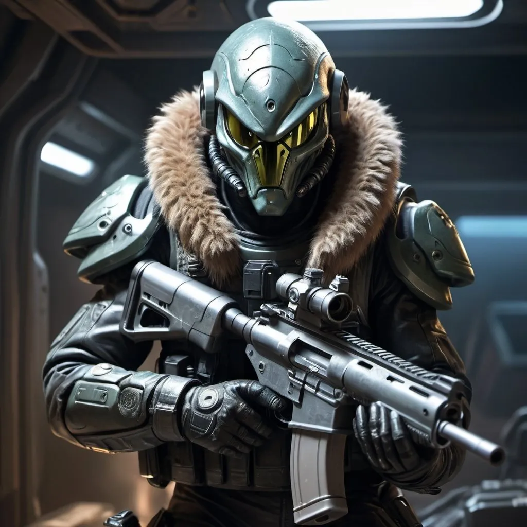 Prompt: Hair-covered alien bounty hunter with heavy rifle, metallic ammunition, intense and focused gaze, otherworldly atmosphere, detailed fur with unique reflections, high-tech weaponry, sci-fi, professional, atmospheric lighting, high quality, detailed eyes, futuristic, detailed, alien, rugged, intense, otherworldly atmosphere, metallic, high-tech, heavy, bounty hunter, rifle, ammunition