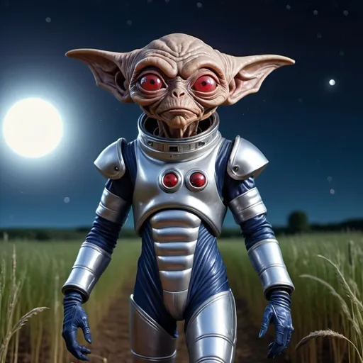 Prompt: Space alien (with brown wrinkly skin, one red cyclop eye, pointed ears, sharp teeth), wearing silver space suit, holding silver space gun, standing on ramp of UFO, landed in a field at night, (deep indigo sky), (twinkling stars), (ominous but intriguing ambiance), (highly detailed, 4K, ultra-detailed) scene, eerie shadows cast across grass.