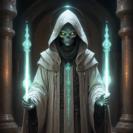 Prompt: Tall alien techno priest, glowing white eyes, hooded long robes, ancient stone temple, staff, otherworldly aura, high quality, digital painting, mysterious, alien, ancient, detailed robes, atmospheric lighting, eerie glow