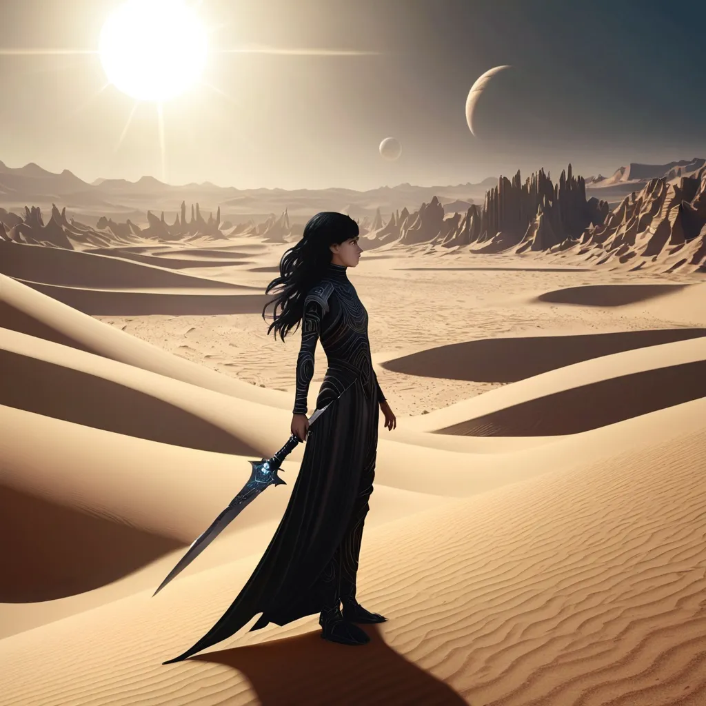 Prompt: (Beautiful young pale flat chested woman), (long wavy black hair), (black eyes), wearing a detailed fremen still suit, (holding a crysknife), (desert planet setting), vast sandy dunes, (dramatic sunlight), a shift of shadows across the scene, creating a tense atmosphere, 4K, highly detailed, (fantasy) realm with an otherworldly ambiance.