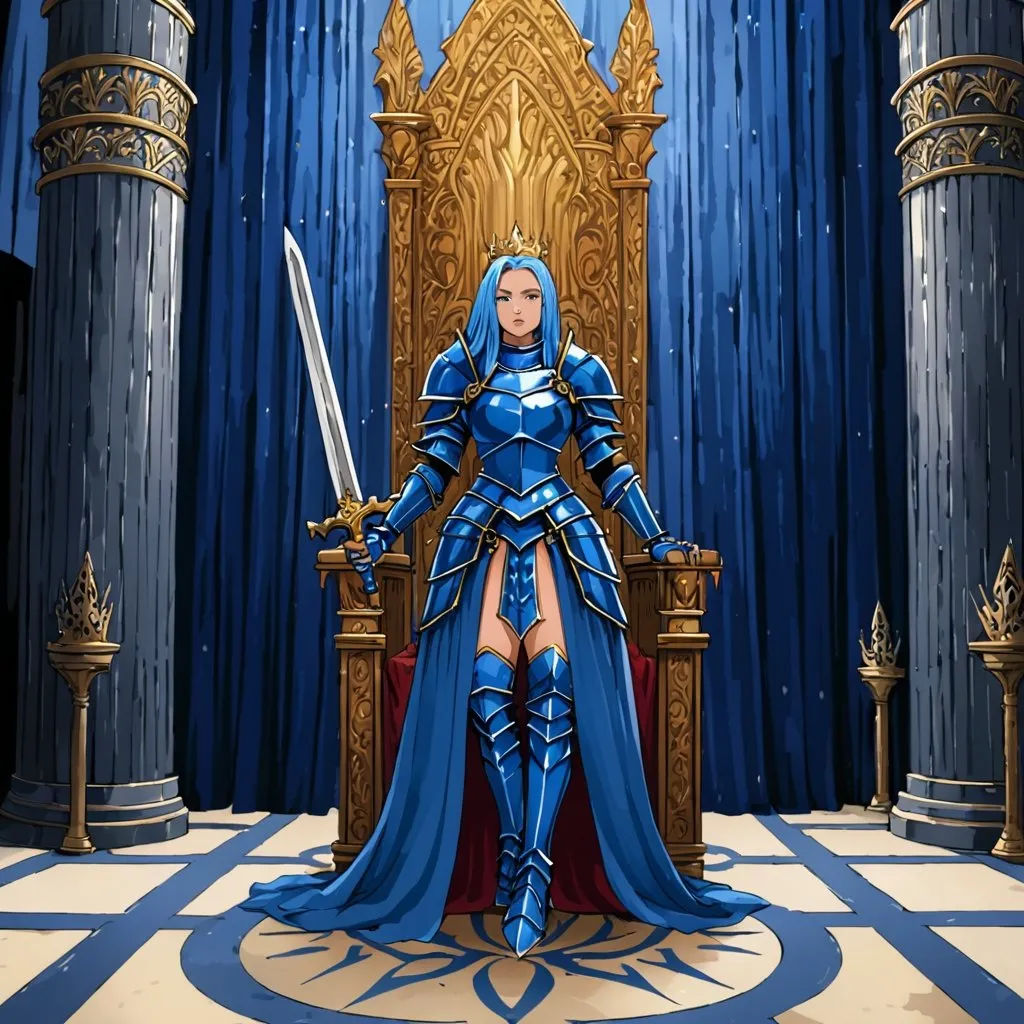 Prompt: Warrior Queen Knight in blue armour with blue hair holding sword standing in throne room 