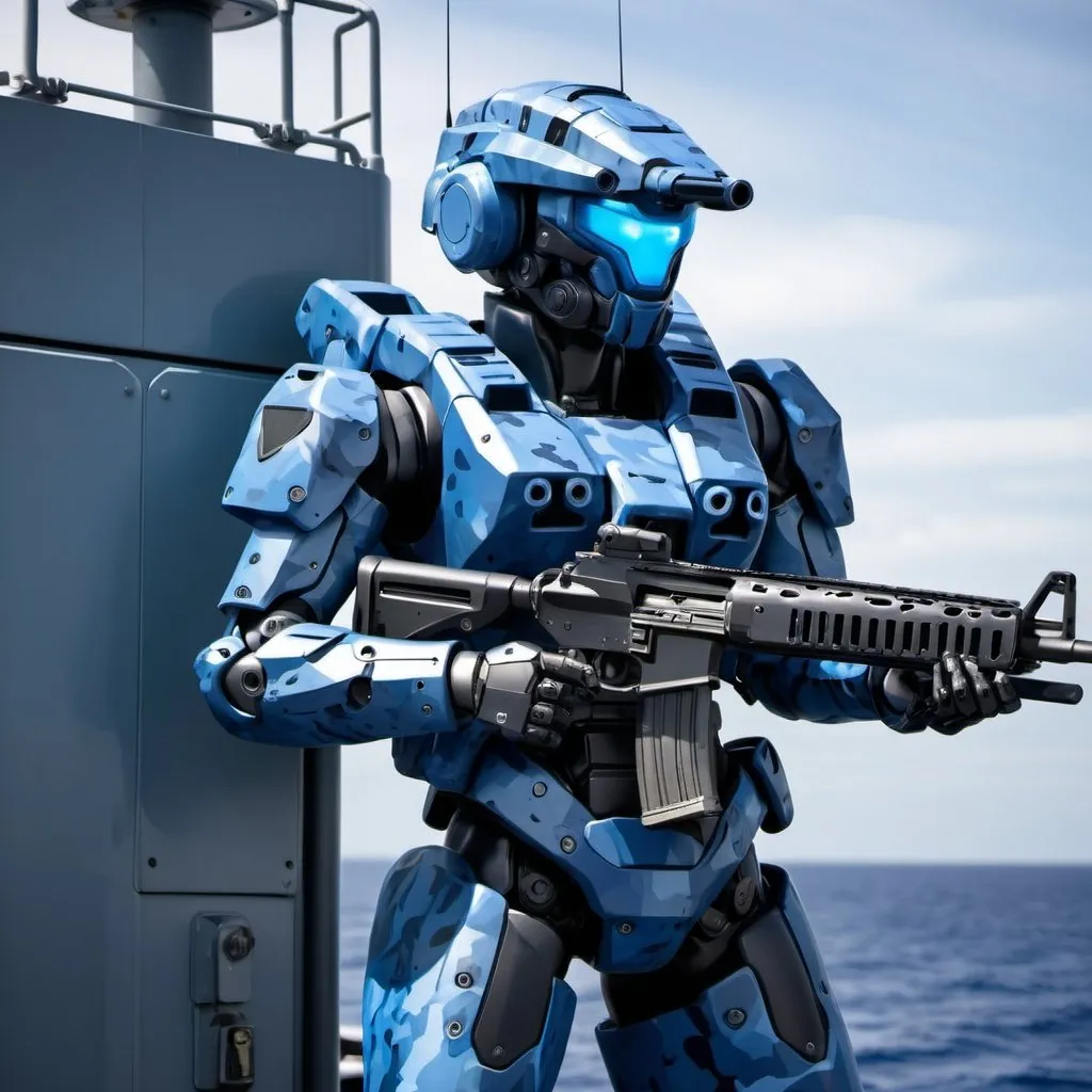 Prompt: Navy mecha blue camouflage holding shotgun aboard naval ship