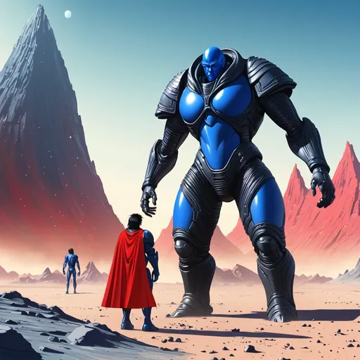 Prompt: Giant man black hair blue body armour red cape on alien world 