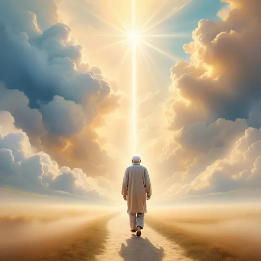 Prompt: Old man walking into heaven, ethereal light streaming down, golden clouds surrounding, serene ambiance, gentle rays illuminating the path, uplifting and peaceful atmosphere, delicate pastel colors, warm golden hues blending with soft blues, soft textures evoking tranquility, hazy background creating depth, high dynamism and dreamy quality, ultra-detailed, 4K resolution.