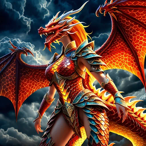 Prompt: (Twelve War Dragon Girl Loong), majestic pose, fierce expression, elaborate dragon-inspired armor, intricate scales, fiery patterns, (mythical creature design), dynamic wings, detailed background of a stormy sky, intense colors, swirling clouds, dramatic lighting, (highly detailed), 4K resolution, enchanting and powerful atmosphere.