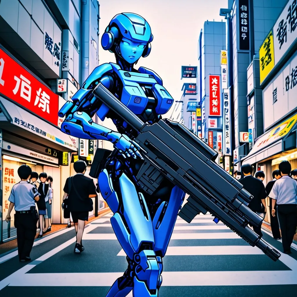 Prompt: Blue Cyborg police woman carrying heavy machine gun in Tokyo 