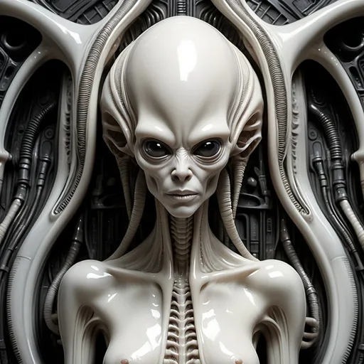 Prompt: (Albino HR Giger's Alien), surreal, biomechanical, hauntingly beautiful design, intricate details, glossy skin textures, fading from stark white to soft shades of pale, dark and eerie background, emphasizing contrast, a sense of isolation, chilling ambiance, high contrast shadows, ultra-detailed, captivating lighting, a fusion of horror and artistry, cosmic undertones, 4K quality.