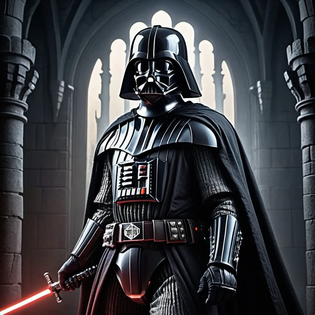 Prompt: Darth Vader as a (medieval knight), gripping a (magnificent sword), clad in (intricate armor) with a dark, imposing presence, set against a (moody castle background), vivid (dark tones) contrasted by bright elements, depicting a sense of (epic grandeur) and (heroic tension), dramatic shadows, (cinematic lighting), ultra-detailed, high quality.