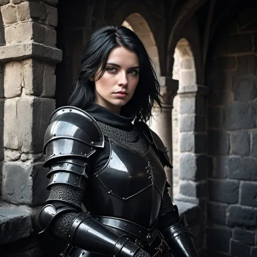 Prompt: Black-haired female knight in black armor, medieval castle turret, high-contrast, detailed, dark fantasy, realistic, black color tones, dramatic lighting