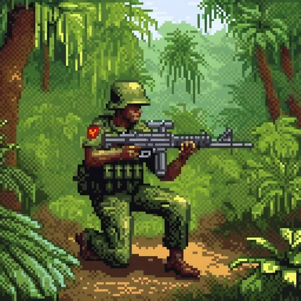 Prompt: Vietnam era US marine firing M-60 machine gun in jungle setting, realistic oil painting, lush foliage, intense action, high quality, realistic, jungle setting, military action, detailed foliage, US marine, M-60 machine gun, intense colors, authentic atmosphere, realistic lighting