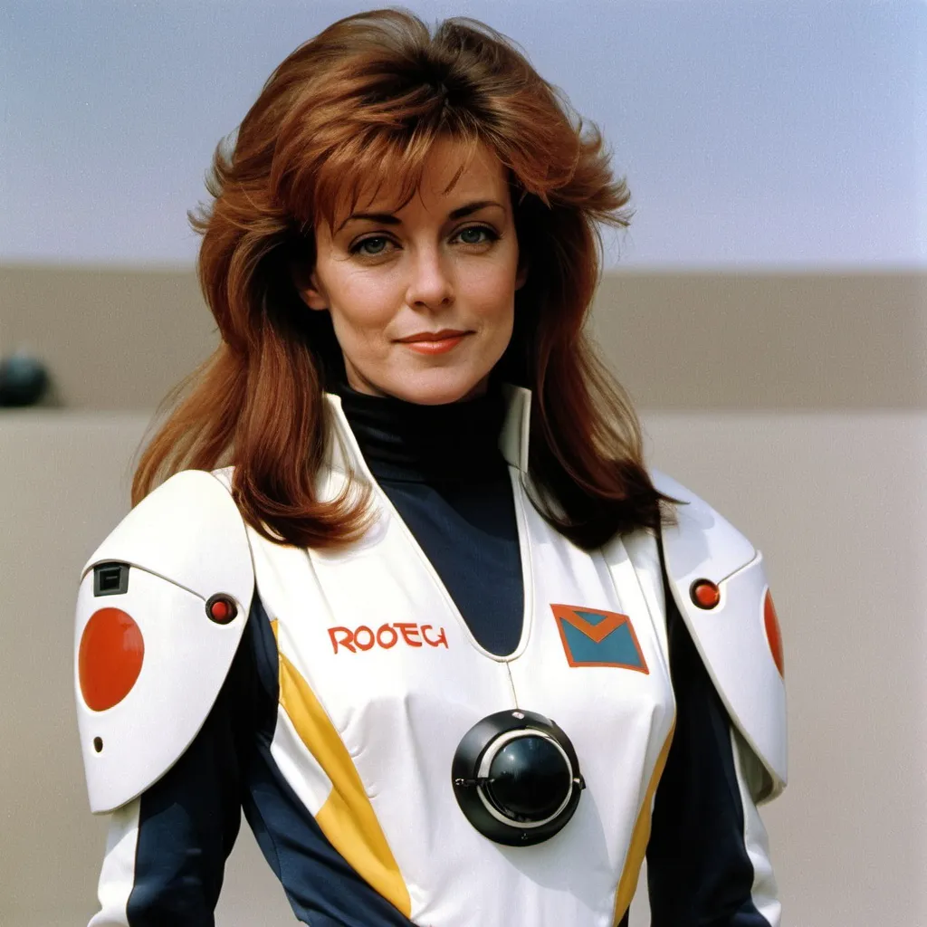 Prompt: Lisa Hayes from Robotech wearing futuristic flight suit 