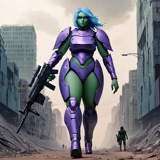 Prompt: Giant woman with blue hair and green skin wearing purple body armour carrying rifle patrolling dystopian setting 