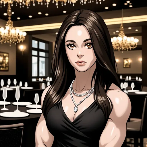 Prompt: Brunette pale female body builder wearing hair down wearing black dress and necklace at expensive restaurant