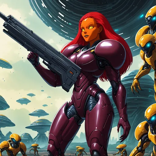 Prompt: Giant woman with orange skin yellow eyes red hair wearing burgundy body armour carrying small futuristic gun in alien hive setting 