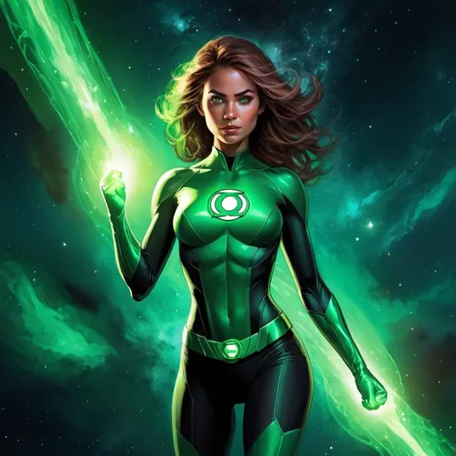 Prompt: Female Green Lantern in outer space, digital painting, vibrant energy constructs, cosmic backdrop, high quality, detailed, comic book style, vibrant colors, glowing energy, sleek and powerful pose, intense gaze, futuristic technology, outer space, galaxy setting, cosmic lighting