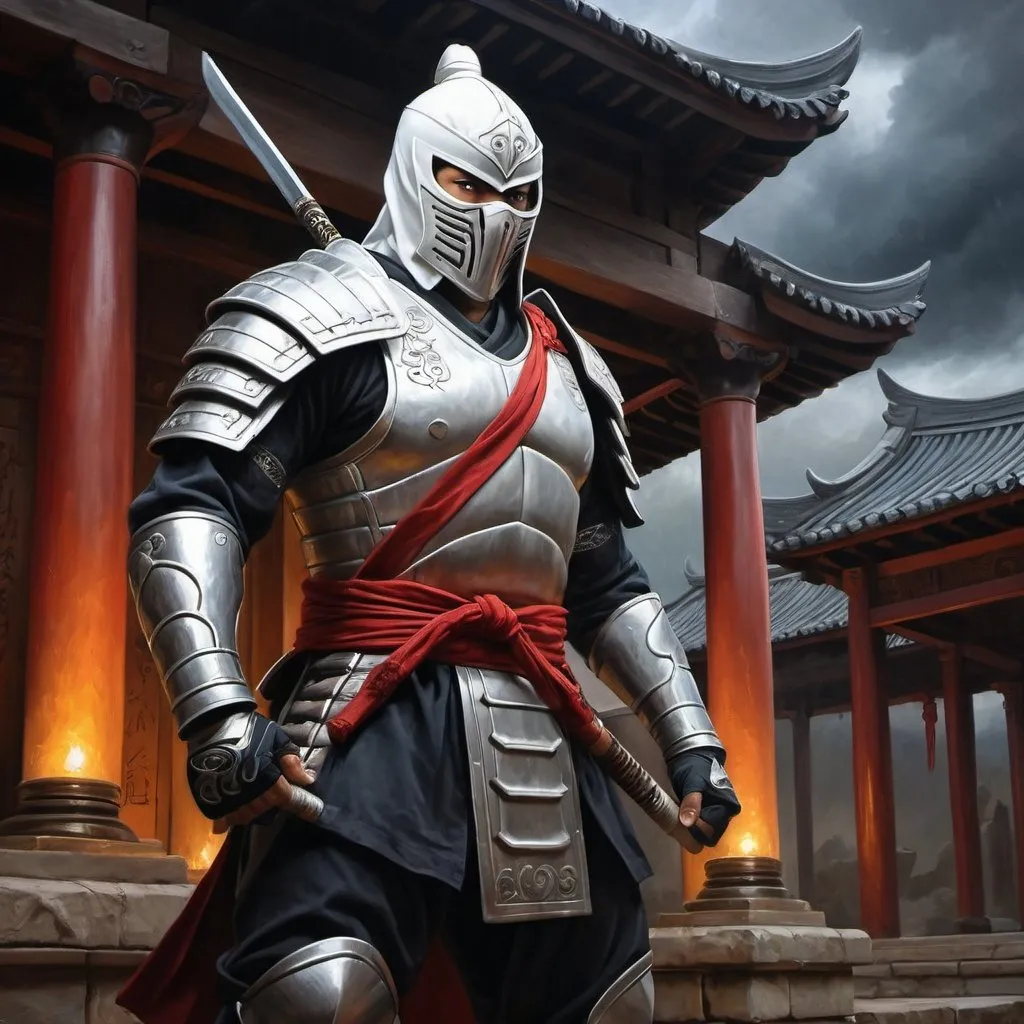 Prompt: Stormshadow guarding temple, oil painting, ancient architecture, mystical atmosphere, high quality, realistic, dramatic lighting, stormy skies, detailed armor, focused expression, ninja, martial arts, ancient, temple setting, intense gaze, traditional, atmospheric lighting