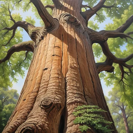 Prompt: General Sherman oak tree, realistic oil painting, lush foliage, towering trunk, detailed bark texture, serene natural lighting, high quality, realistic, natural colors, detailed leaves, majestic, traditional art style, realistic lighting, vibrant green tones