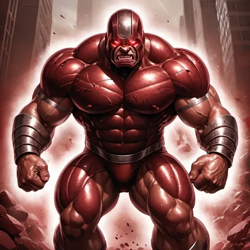 Prompt: Juggernaut from Marvel Comics, digital painting, muscular physique, glowing crimson eyes, unstoppable force, dynamic and intense, powerful stance, detailed armor with metallic textures, high quality, digital painting, superhero, intense lighting, crimson and metallic tones