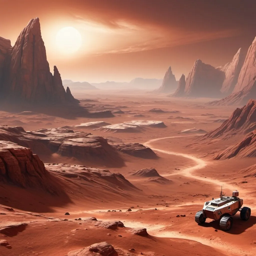 Prompt: Martian landscape, red rock formations, dusty atmosphere, high quality, realistic digital art, warm lighting, sci-fi, futuristic, vast desert, rocky terrain, rugged mountains, swirling dust clouds, futuristic rover, detailed surface texture, barren, otherworldly, atmospheric lighting