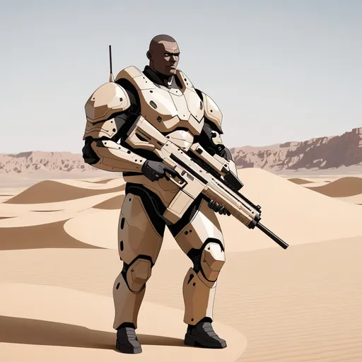 Prompt: Giant man with grey crew cut hair shaved face brown eyes wearing sand coloured body armour carrying futuristic bull pup rifle in desert 