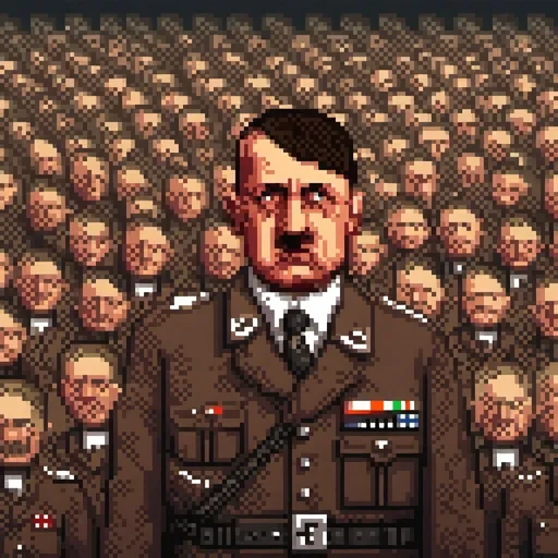 Prompt: Adolf Hitler at Nuremberg rally, oil painting, grand Nazi architecture, intense crowd, historical, detailed facial features, high quality, realistic, dramatic lighting, dark tones