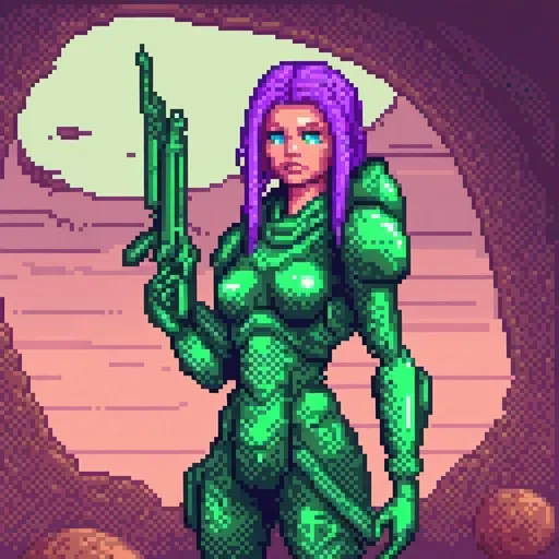 Prompt: Giant woman with purple hair and blue eyes, futuristic rifle, dark green body armor, alien planet, high quality, sci-fi, futuristic, detailed features, cool tones, atmospheric lighting