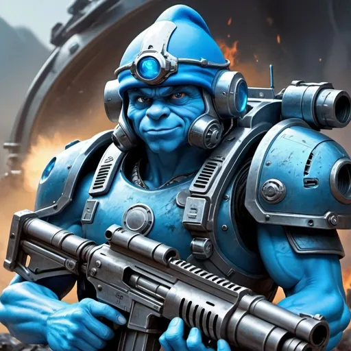 Prompt: Smurf in futuristic armor with heavy machine gun, high tech body armor, vibrant blue color, intense and focused expression, detailed metallic helmet, heavy artillery, digital painting, cool tones, sci-fi, detailed armor, professional, best quality, intense lighting