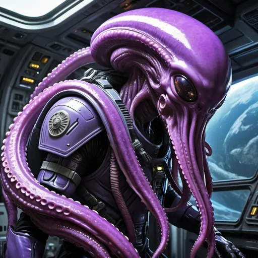 Prompt: Alien soldier with octopus head, wearing purple body armor, aboard space cruiser, flags draped down walls, high quality, sci-fi, futuristic, alien technology, detailed tentacles, futuristic armor, intense and focused gaze, atmospheric lighting, cosmic colors, ultra-detailed, professional, space exploration, alien, tentacled creature, high-tech spaceship