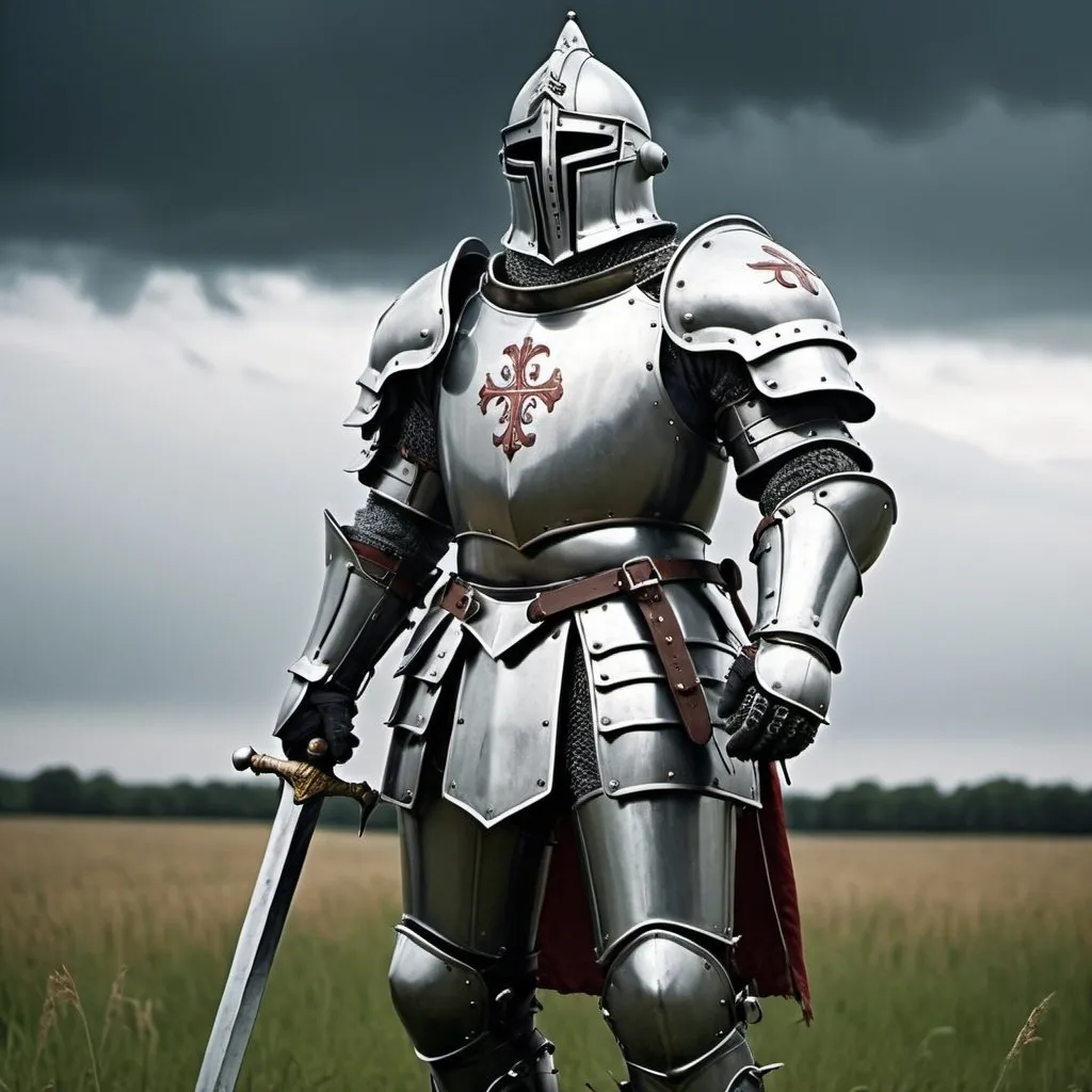 Prompt: Solemn grey knight in a field, gloomy sky, highres, detailed armor, realistic, dramatic lighting, medieval, cool tones