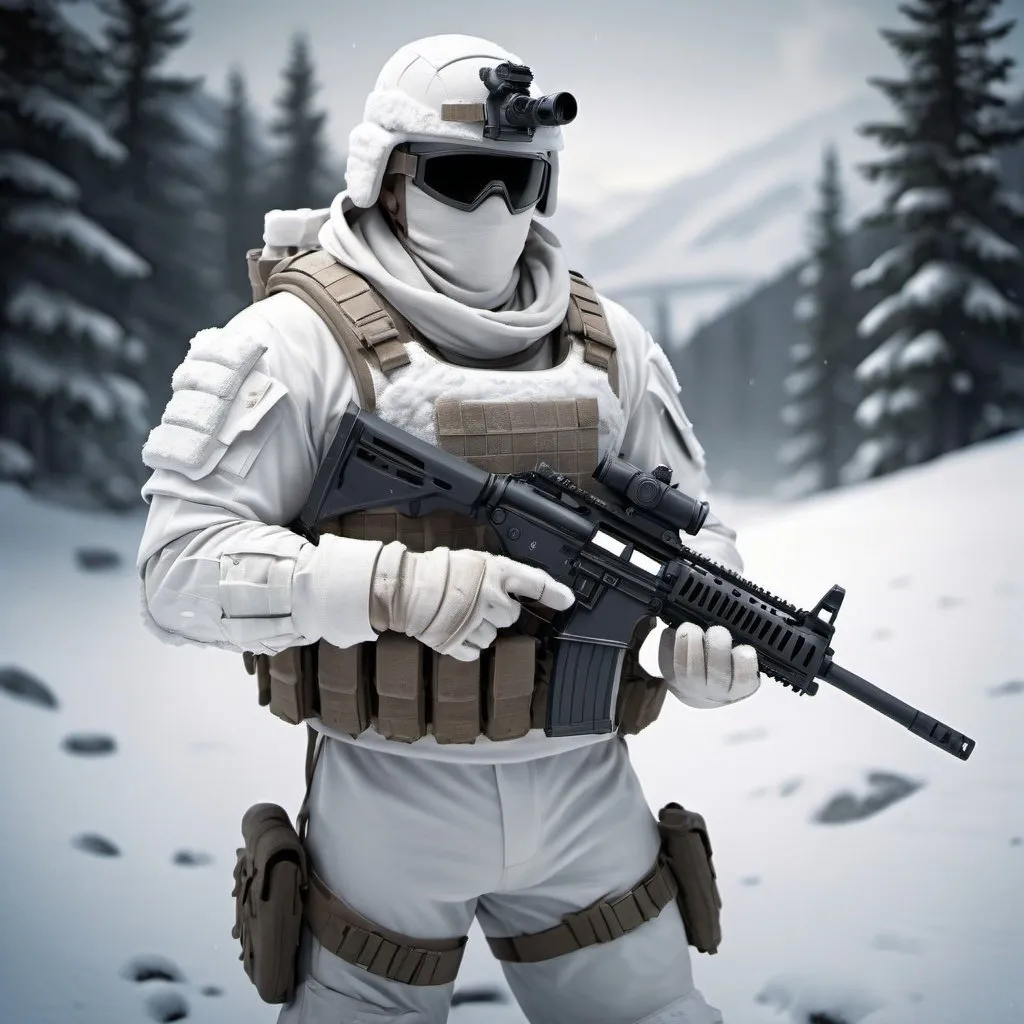 Prompt: Snow mercenary in full white body armor, carrying a machine gun, snowy landscape, high quality, detailed snow textures, realistic rendering, intense and focused gaze, tactical equipment, professional, snowy, military, detailed armor, cold tones, atmospheric lighting