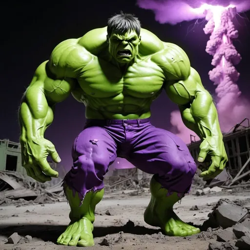 Prompt: The Incredible Hulk in a desolate atomic bomb testing site, radioactive green glow, immense muscular physique, torn purple pants, furious expression, nuclear fallout debris, high quality, intense, dark and gritty, radioactive green, dramatic lighting