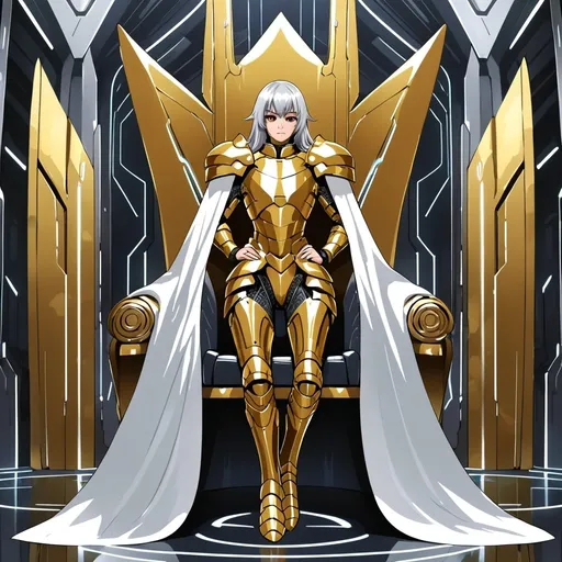 Prompt: Giant femboy with silver hair and brown eyes in golden body armour with long white cape with sheathed sword on side of hip in futuristic throne room 