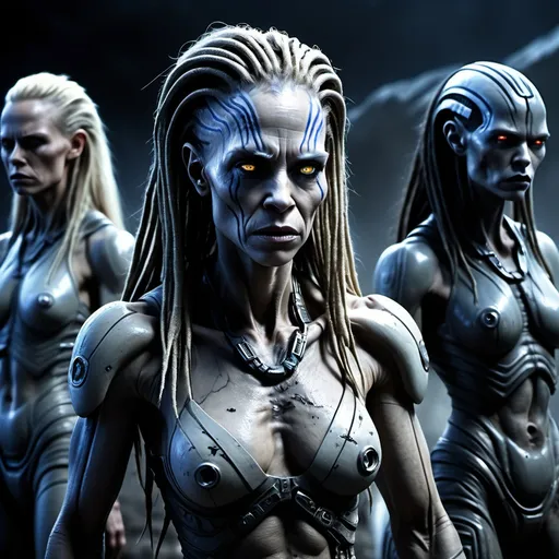 Prompt: Female psychlos from Battlefield Earth, towering and imposing alien figures, dramatic lighting casting shadows, fierce expressions, intricate textured skin, wearing futuristic tattered clothing, set against a desolate battlefield background with an apocalyptic atmosphere, cinematic depth, high contrast, haunting ambiance, 4K resolution, ultra-detailed sci-fi theme.