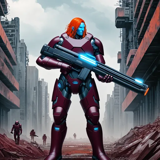 Prompt: Giant man with orange hair and blue eyes wearing burgundy body armour carrying futuristic shotgun in dystopian setting 