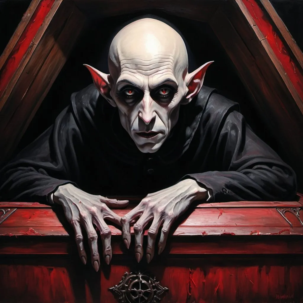Prompt: Nosferatu laying in wooden coffin, oil painting, gothic atmosphere, dark and eerie, high contrast shadows, haunting red and black tones, dramatic lighting, detailed and weathered coffin, sinister expression, haunting eyes, eerie atmosphere, high quality, oil painting, gothic, dramatic lighting, haunting, detailed, eerie atmosphere, red and black tones