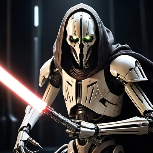 Prompt: General Grievous with lightsabers, digital art, dynamic pose, detailed robotic arms, intense battle scene, high contrast, sci-fi, dark tones, dramatic lighting, 4k, ultra-detailed, digital art, intense action, futuristic, menacing presence, glowing sabers, high quality, dramatic atmosphere