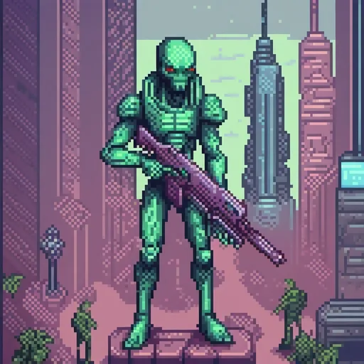 Prompt: Alien warrior holding futuristic rifle, utopian city, high-tech armor and weapons, alien technology, futuristic skyscrapers, advanced civilization, otherworldly landscape, detailed alien anatomy, intense and focused gaze, cool tones, atmospheric lighting, highres, ultra-detailed, sci-fi, futuristic, utopian, alien warrior, advanced weaponry