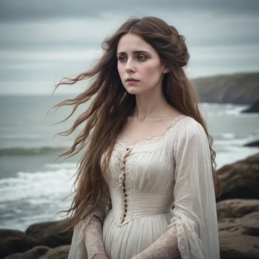 Prompt: Victorian era beautiful female ghost with long brown hair looking out to sea