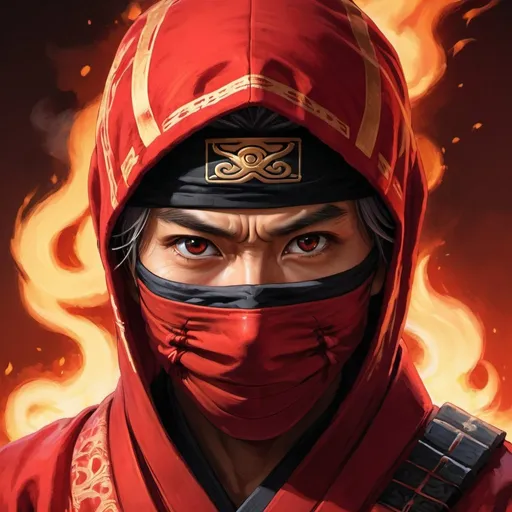 Prompt: Ninja in red outfit, intense and focused gaze, flames in background, high quality, detailed, traditional Japanese artwork, fiery red tones, atmospheric lighting, detailed eyes, professional, traditional, intense