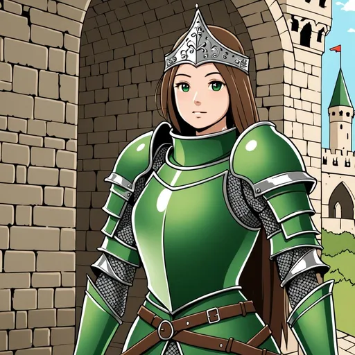 Prompt: Female knight in green armour castle setting 