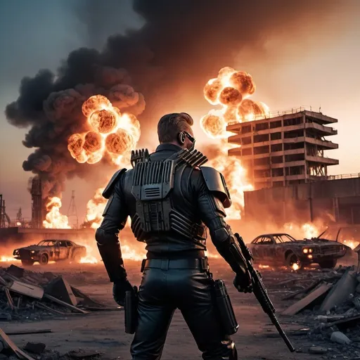 Prompt: T-800 firing futuristic laser rifles, (intense action), epic Los Angeles battlefield, industrial ruins as backdrop, fiery explosions illuminating the scene, expansive skyline under a dramatic twilight sky, high-tech weaponry, (ultra-detailed), cinematic atmosphere, tension-filled mood, high-energy, smoke billowing, dynamic movement and battle chaos, vibrant color contrasts, (4K quality).